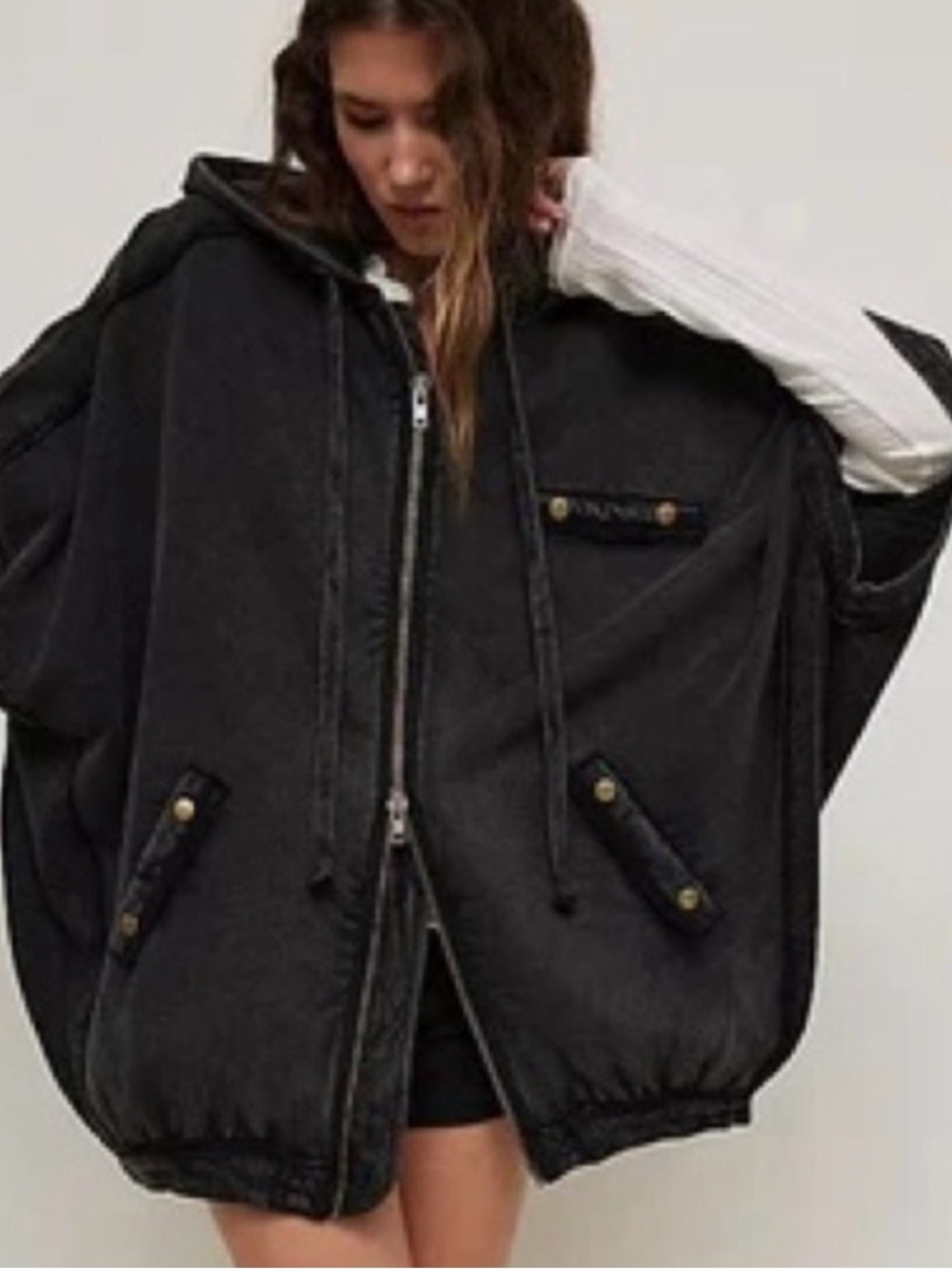 Free People Oversized Black Zip Hoodie Jacket Sz M